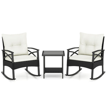 3 Pieces Outdoor Rattan Rocking Chairs Set with  2-Tier Side Table for Garden Backyard-White