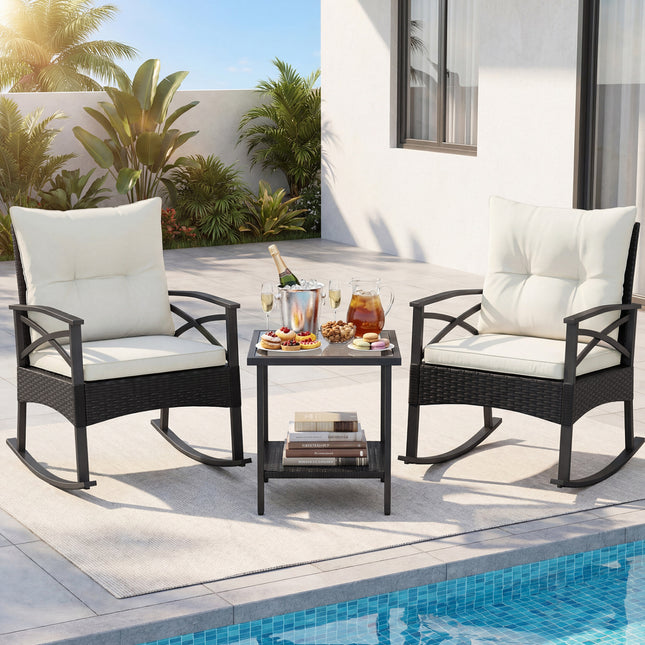 3 Pieces Outdoor Rattan Rocking Chairs Set with 2-Tier Side Table for Garden Backyard-White