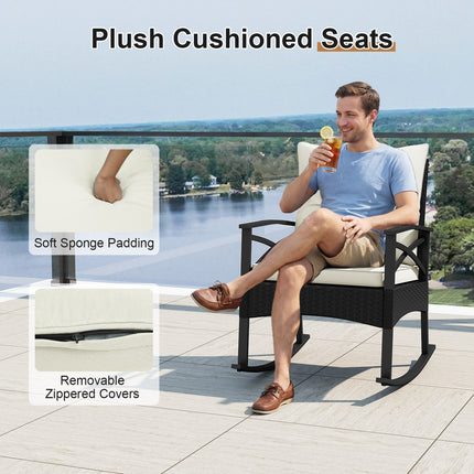 3 Pieces Outdoor Rattan Rocking Chairs Set with  2-Tier Side Table for Garden Backyard-White