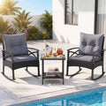 3 Pieces Outdoor Rattan Rocking Chairs Set with  2-Tier Side Table for Garden Backyard-Black and Gray