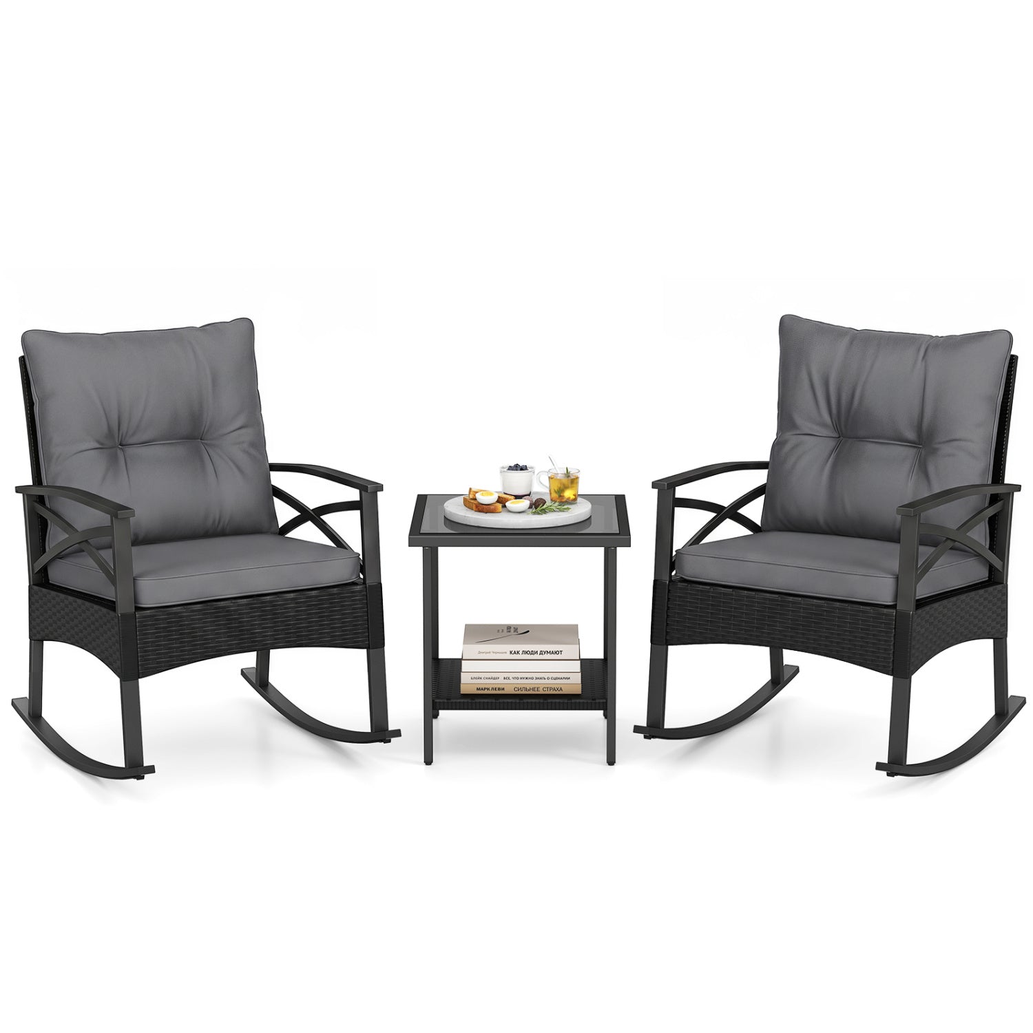 3 Pieces Outdoor Rattan Rocking Chairs Set with  2-Tier Side Table for Garden Backyard-Black and Gray