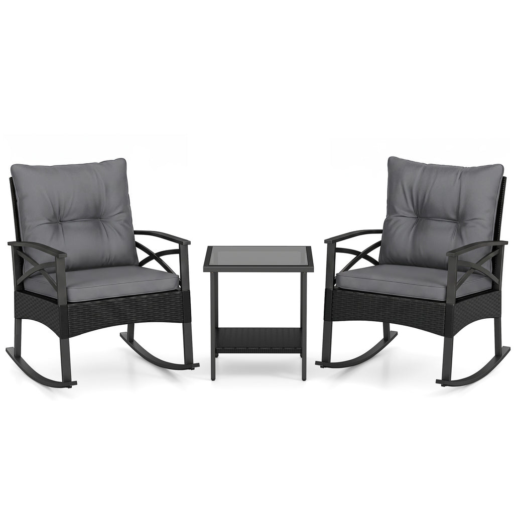 3 Pieces Outdoor Rattan Rocking Chairs Set with  2-Tier Side Table for Garden Backyard-Black and Gray