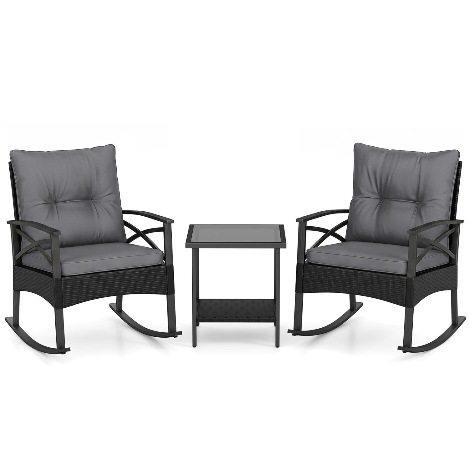 3 Pieces Outdoor Rattan Rocking Chairs Set with  2-Tier Side Table for Garden Backyard-Black and Gray