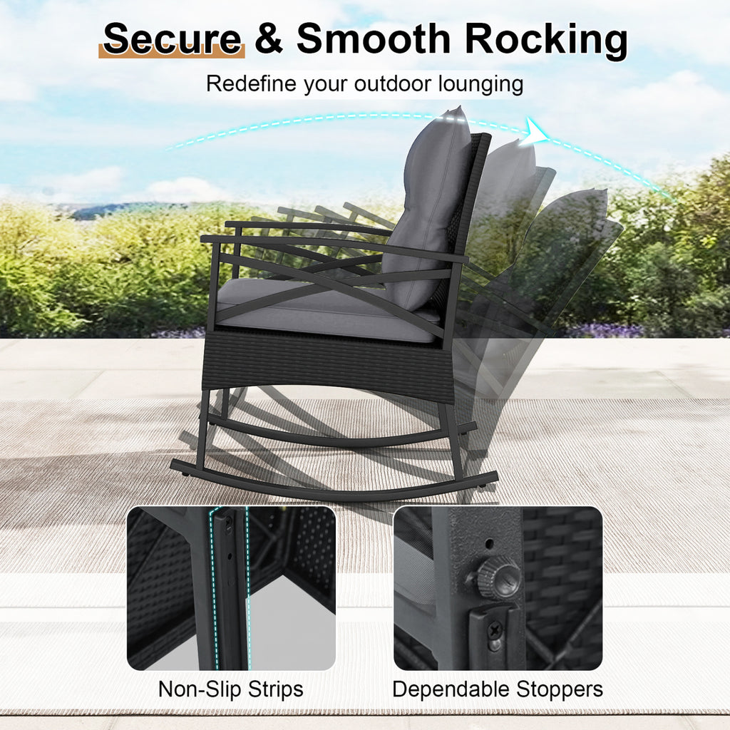 3 Pieces Outdoor Rattan Rocking Chairs Set with  2-Tier Side Table for Garden Backyard-Black and Gray