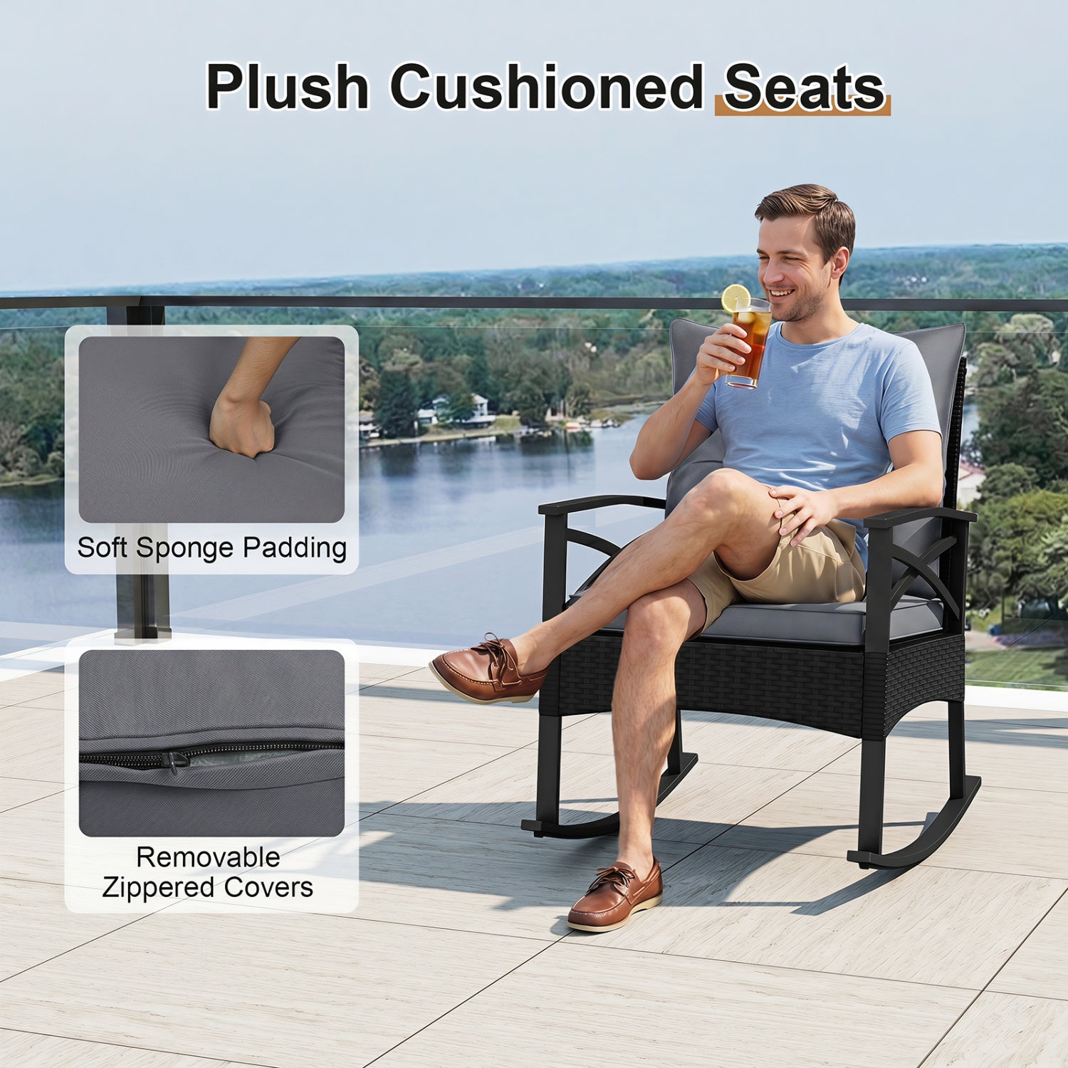 3 Pieces Outdoor Rattan Rocking Chairs Set with  2-Tier Side Table for Garden Backyard-Black and Gray