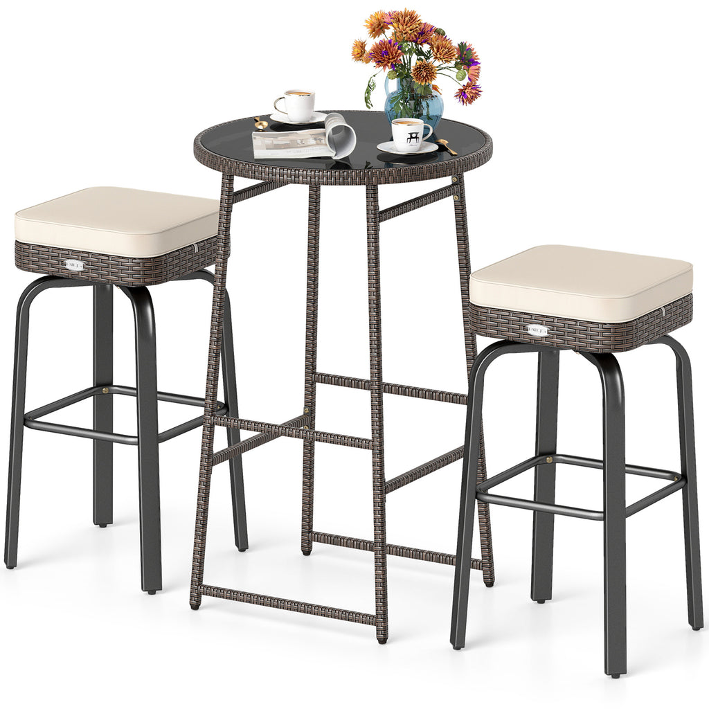 3 Pieces Outdoor Swivel Bar Set PE Rattan Bar Height Table with 2 Chairs-White