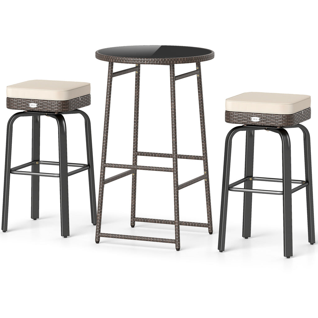 3 Pieces Outdoor Swivel Bar Set PE Rattan Bar Height Table with 2 Chairs-White