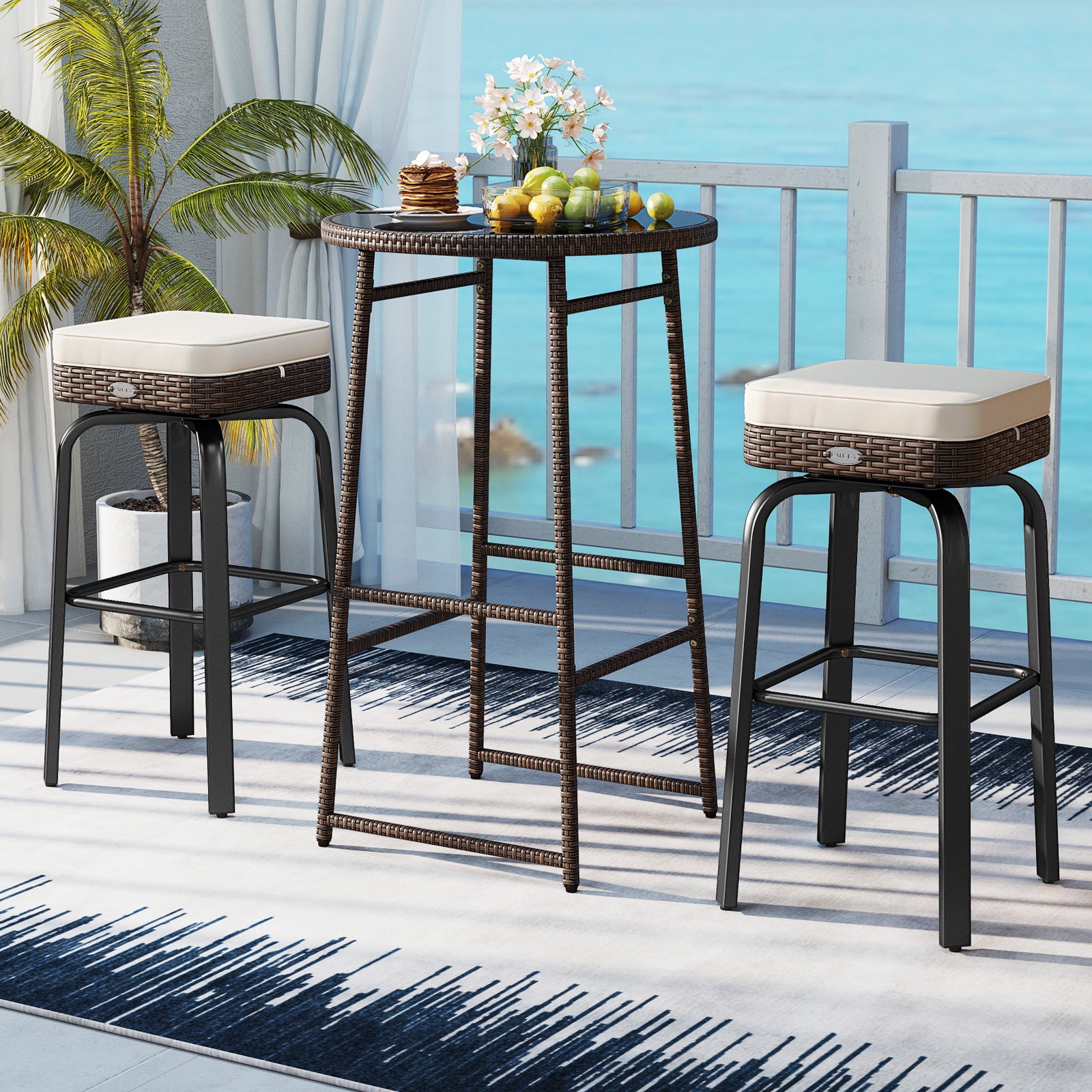 3 Pieces Outdoor Swivel Bar Set PE Rattan Bar Height Table with 2 Chairs-White