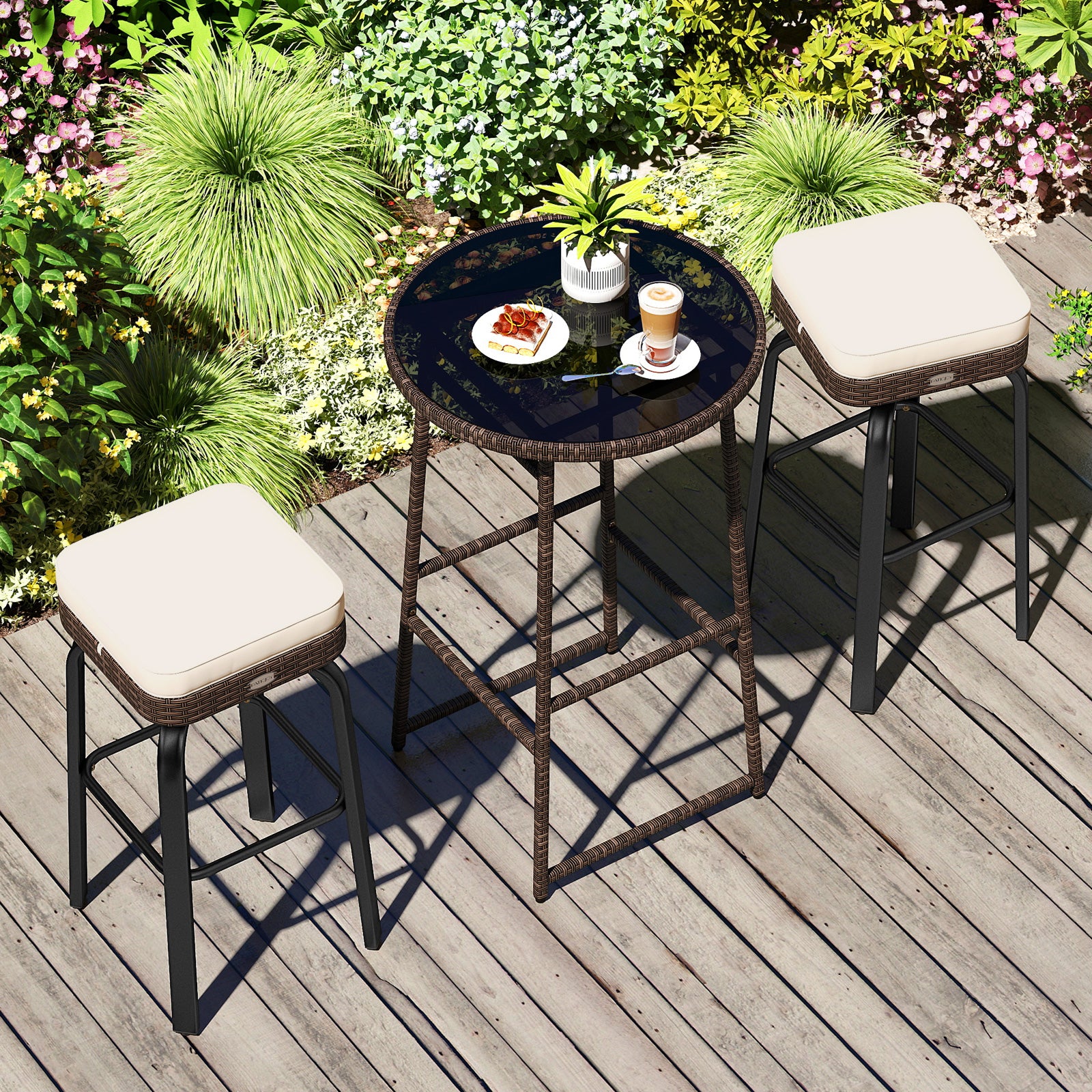 3 Pieces Outdoor Swivel Bar Set PE Rattan Bar Height Table with 2 Chairs-White