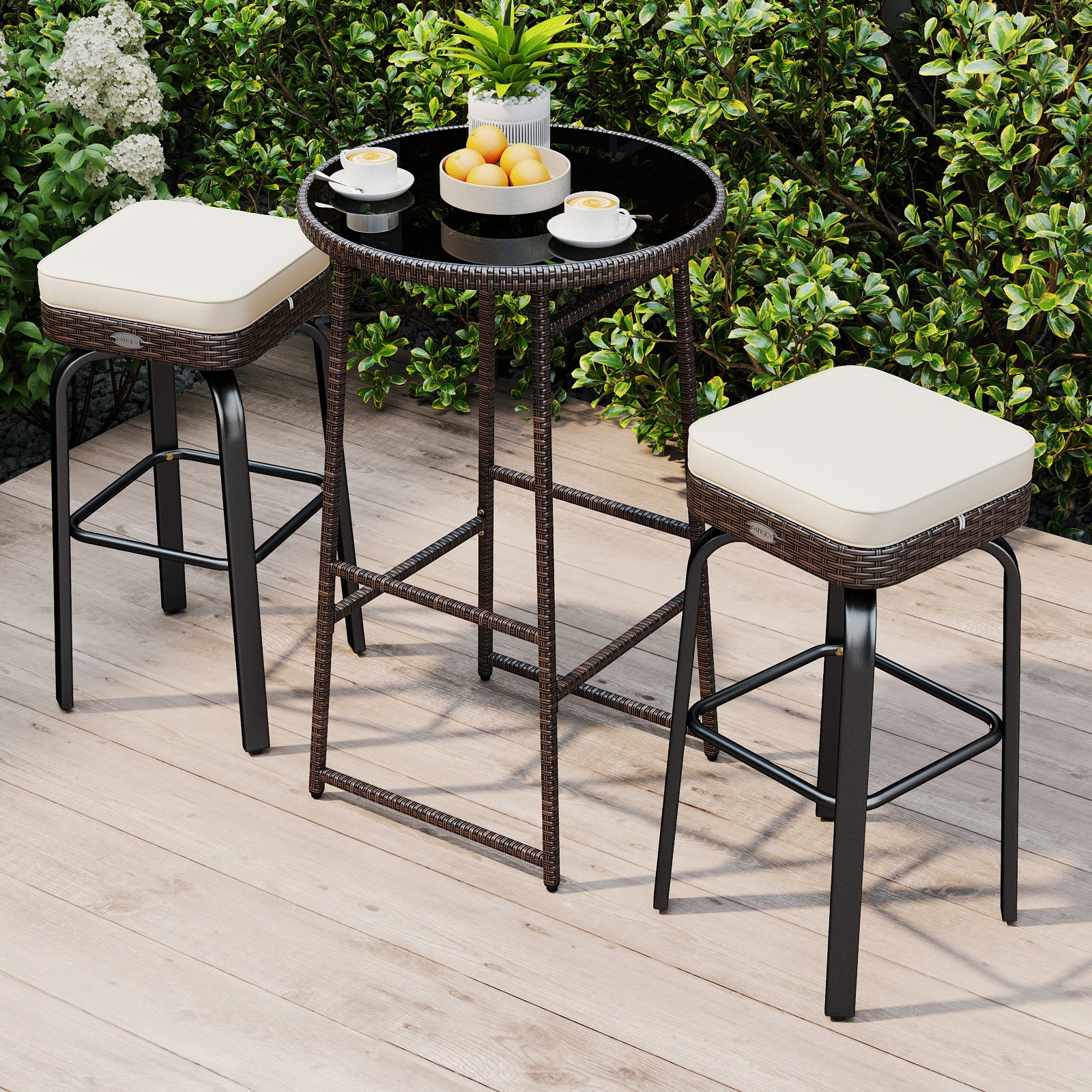 3 Pieces Outdoor Swivel Bar Set PE Rattan Bar Height Table with 2 Chairs-White