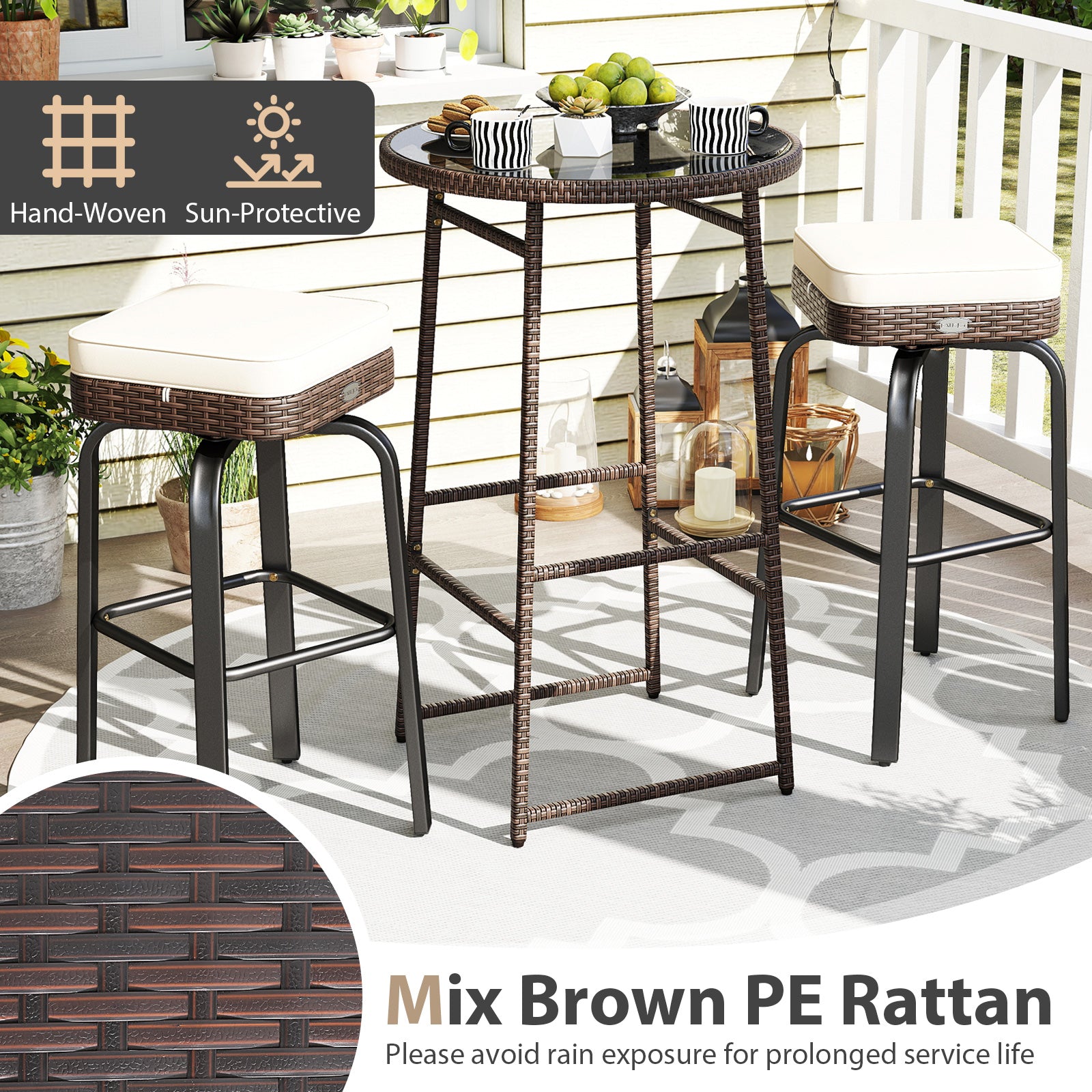 3 Pieces Outdoor Swivel Bar Set PE Rattan Bar Height Table with 2 Chairs-White