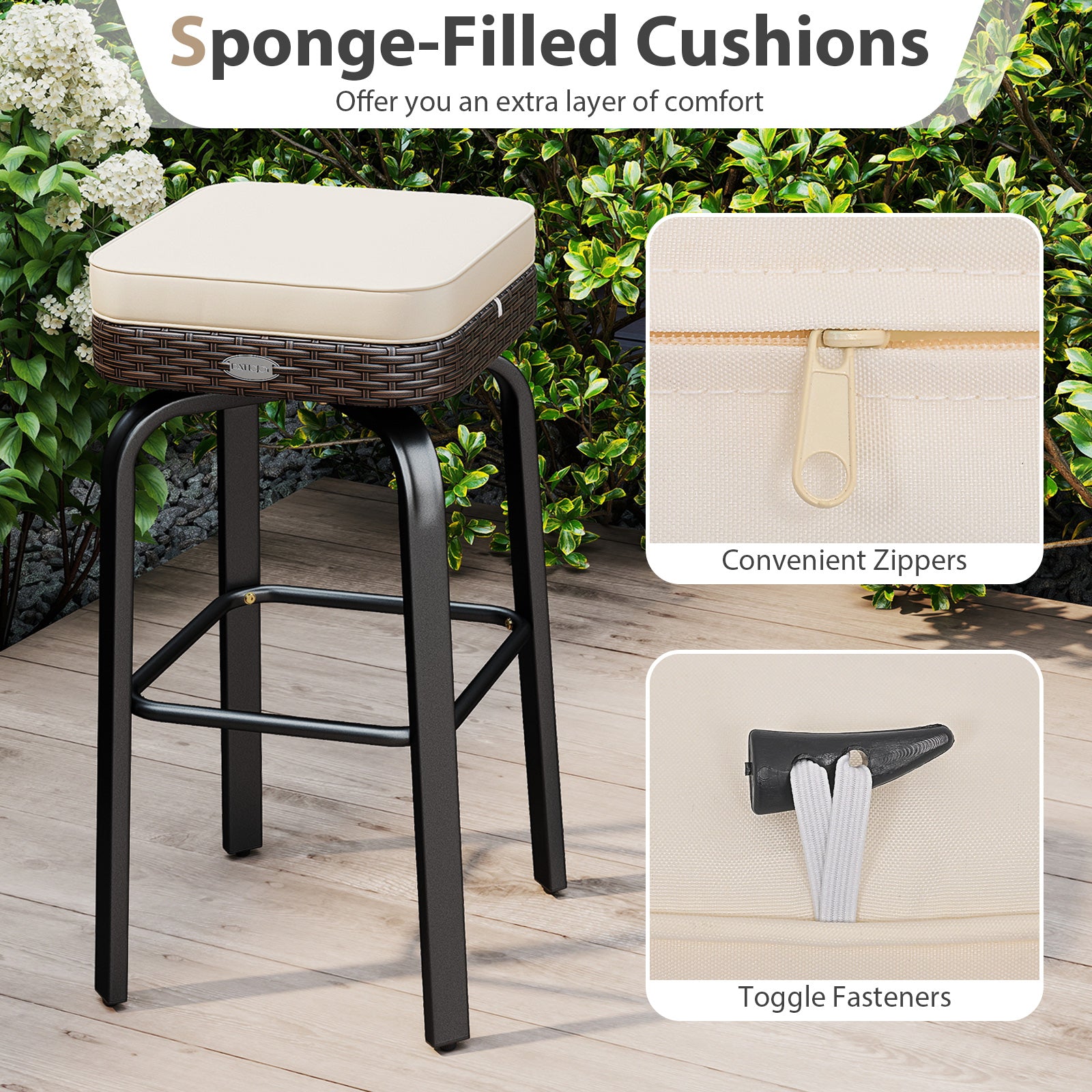 3 Pieces Outdoor Swivel Bar Set PE Rattan Bar Height Table with 2 Chairs-White