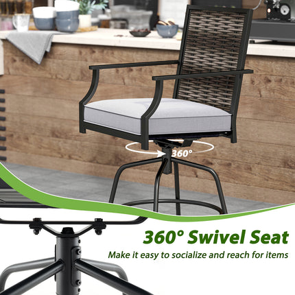 3 Pieces Outdoor Swivel Bar Set High Top Patio Bar Table and Rattan Wicker Chairs