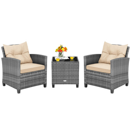 3 Pieces Outdoor Wicker Conversation Set with Tempered Glass Tabletop-Beige
