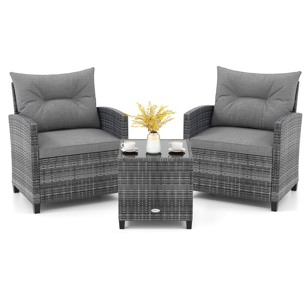 Ensemble de conversation d'extérieur 3 pièces en osier avec plateau de table en verre trempé-Gris