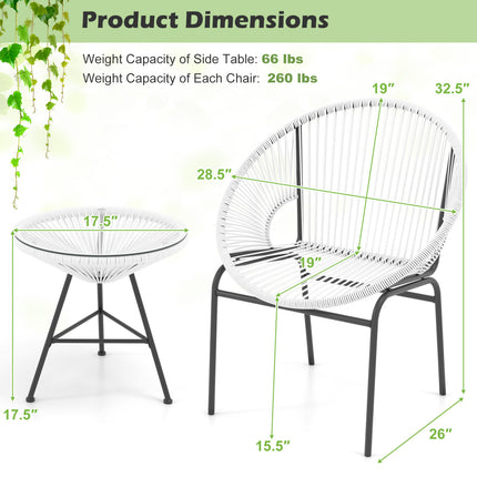 3 Pieces Patio Acapulco Furniture Bistro Set with Glass Table-White