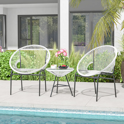3 Pieces Patio Acapulco Furniture Bistro Set with Glass Table-White