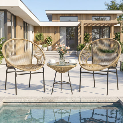 3 Pieces Patio Acapulco Furniture Bistro Set with Glass Table-Brown