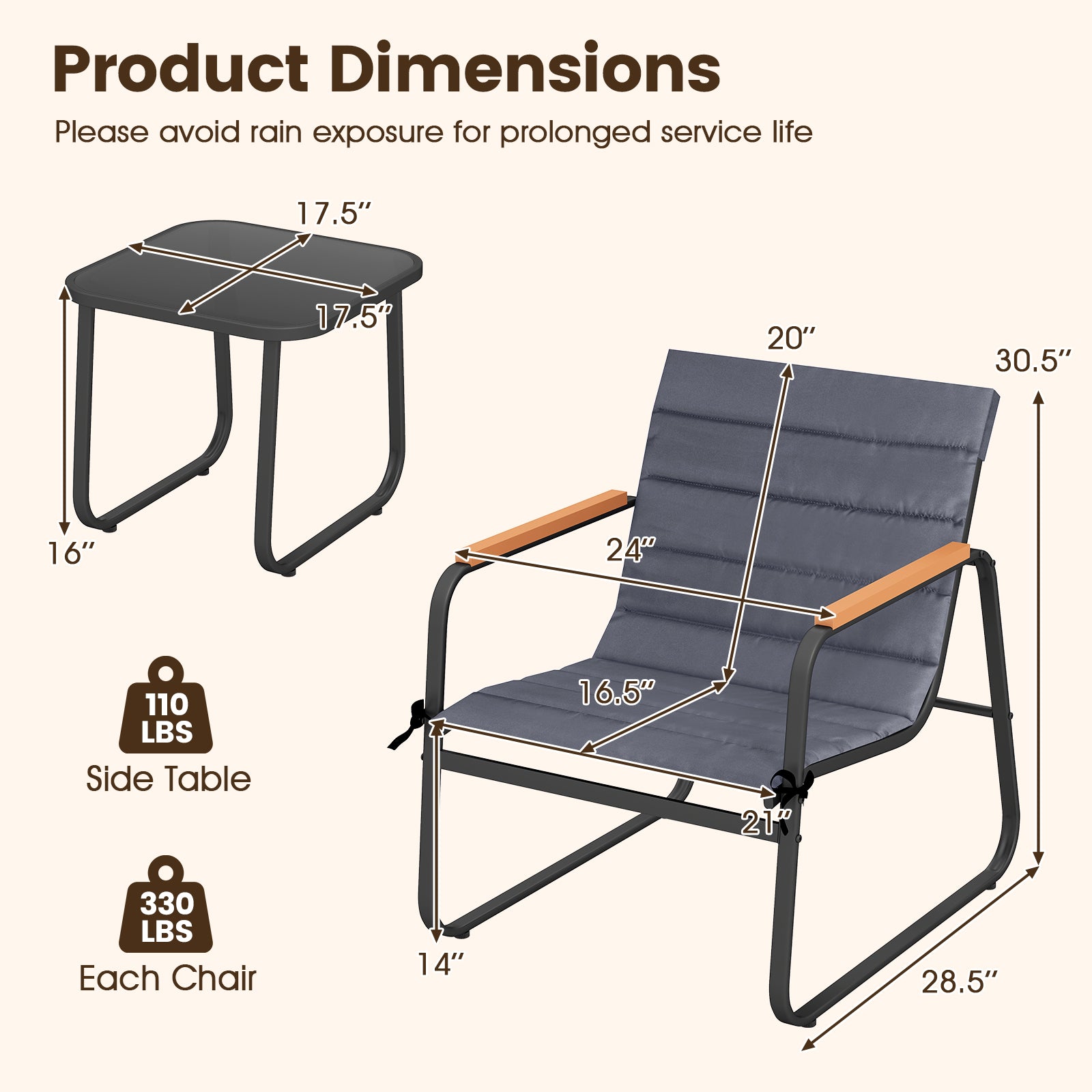 Ensemble de bistro 3 pièces pour terrasse, ensemble de conversation d'extérieur en tissu - Gris