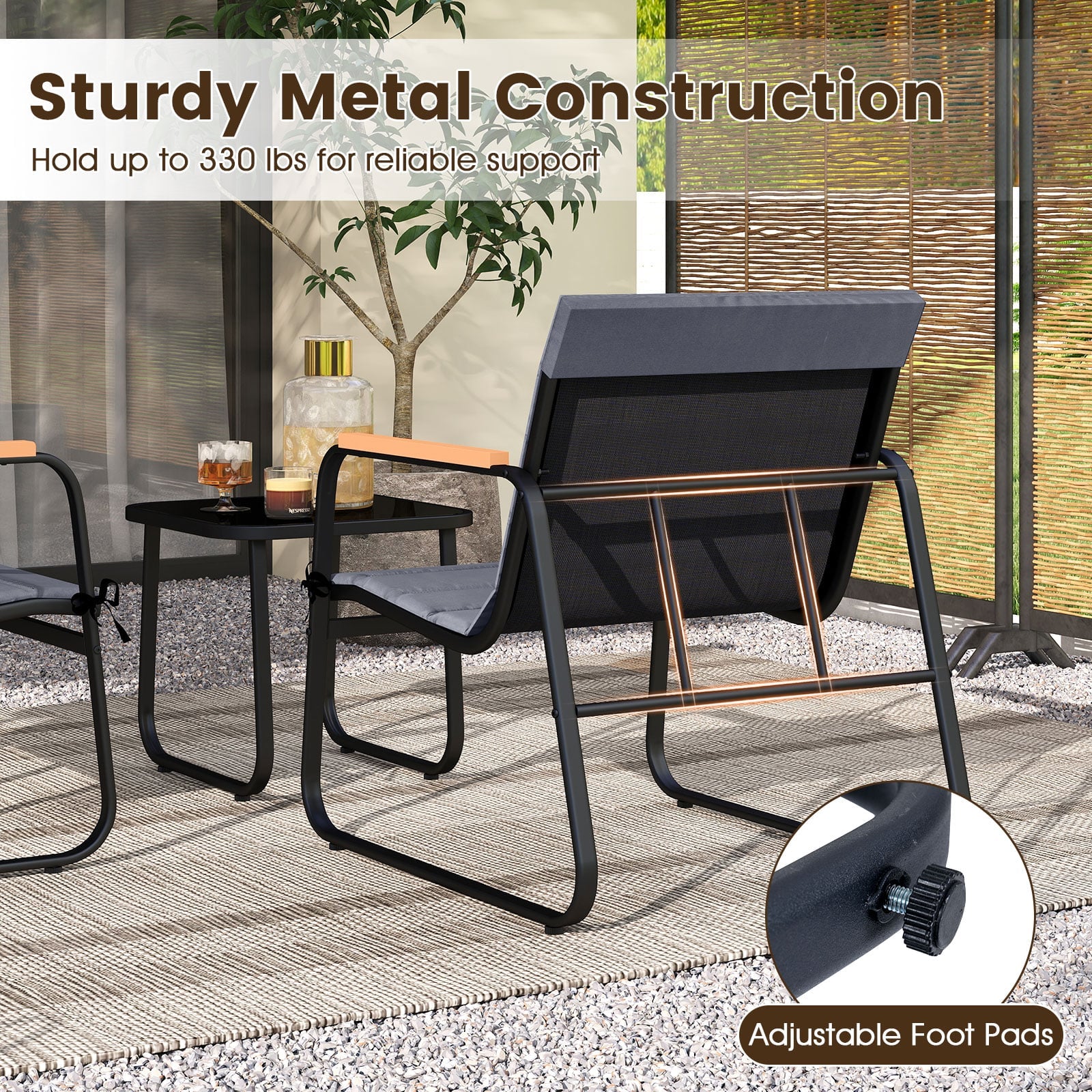 Ensemble de bistro 3 pièces pour terrasse, ensemble de conversation d'extérieur en tissu - Gris