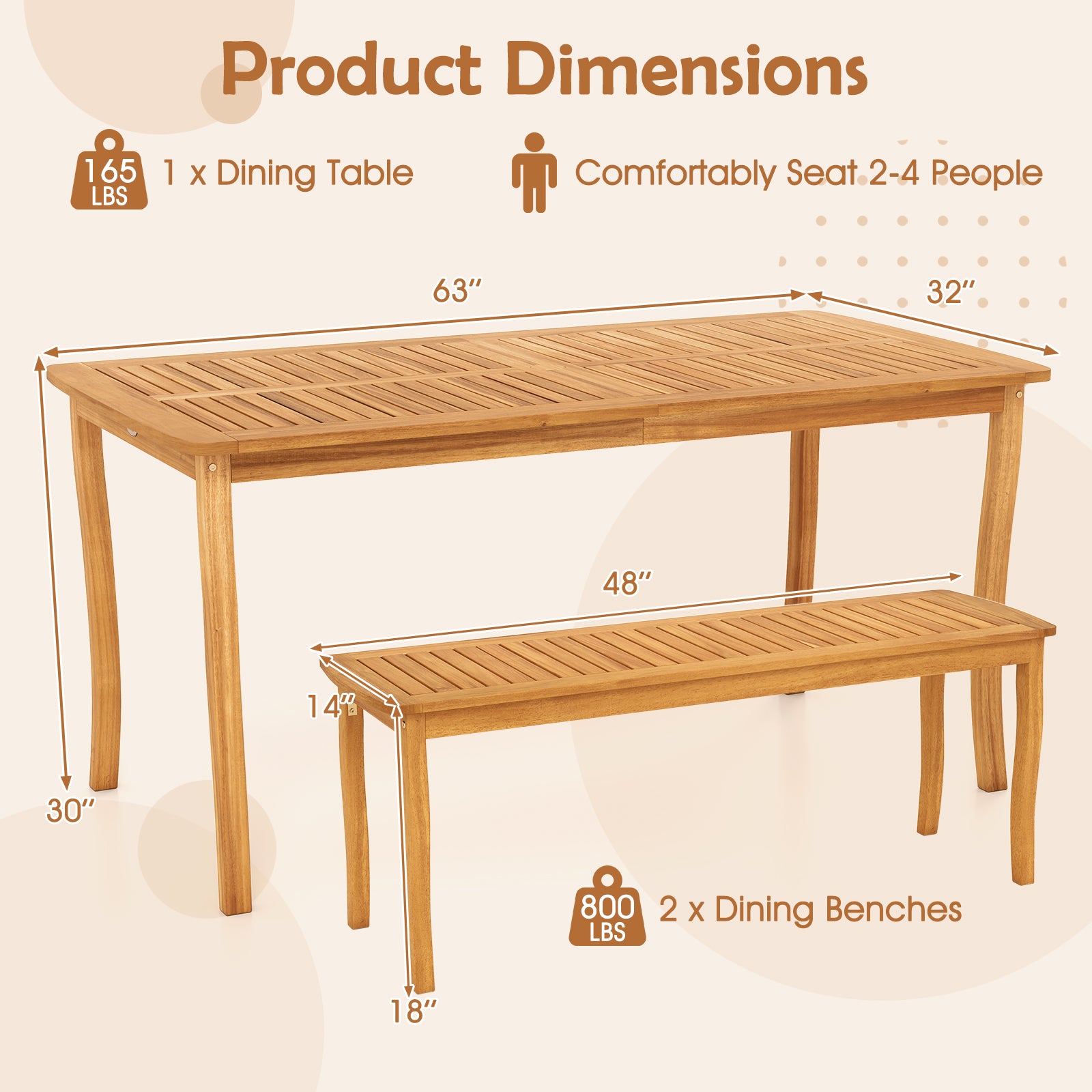 3 Pieces Patio Dining Set with Acacia Wood Outdoor Table and Benches