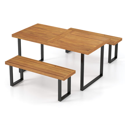 3 Pieces Patio Dining Table Set 63cm Rectangle Table and 2 Backless Bench