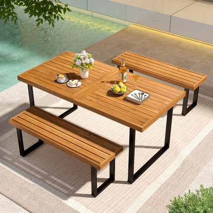 3 Pieces Patio Dining Table Set 63cm Rectangle Table and 2 Backless Bench