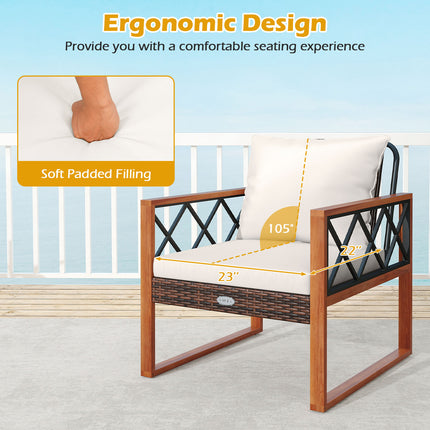 3 Pieces Patio Furniture Set with Tempered Glass Top Table and Soft Cushions-Off White