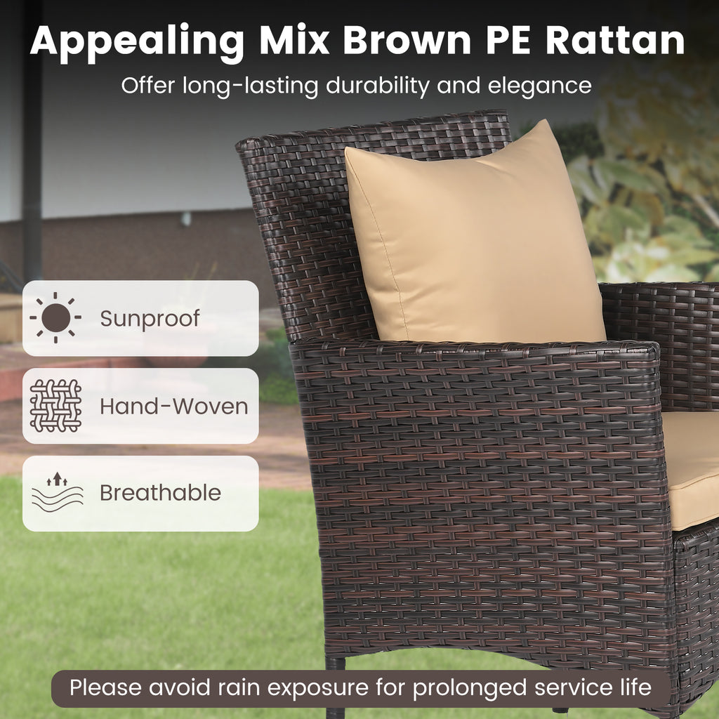 Ensemble de 3 pièces de mobilier de patio avec chaises coussinées et table basse en verre trempé – Marron