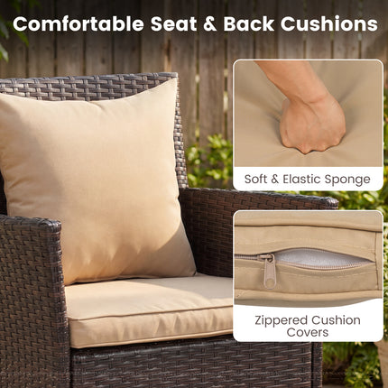3 Pieces Patio Furniture Set with Cushioned Patio Chairs and Tempered Glass Coffee Table-Brown