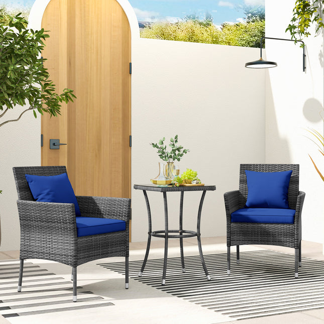 3 Pieces Patio Furniture Set with Cushioned Patio Chairs and Tempered Glass Coffee Table-Navy