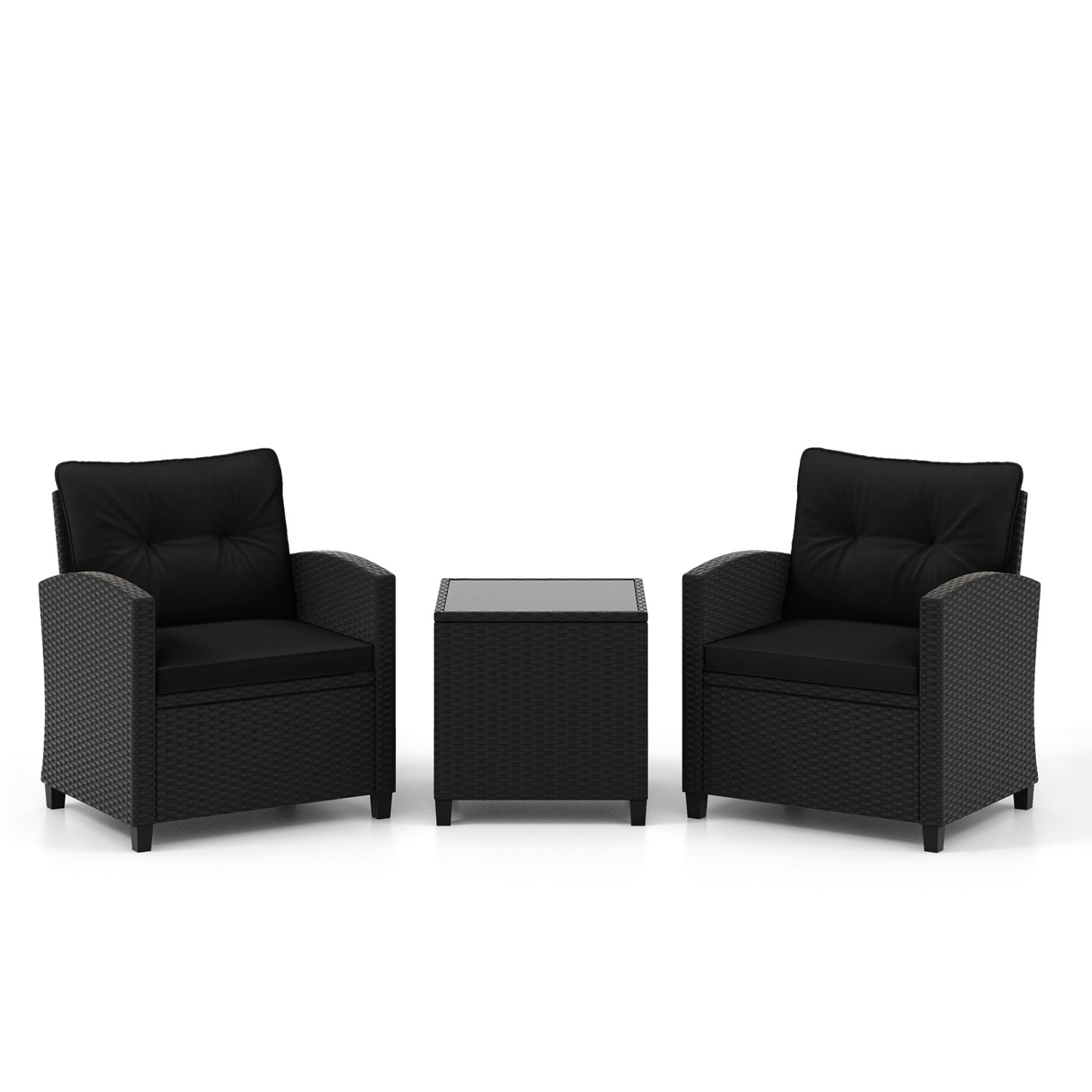 Ensemble de mobilier de patio 3 pièces avec table basse en verre trempé-Noir