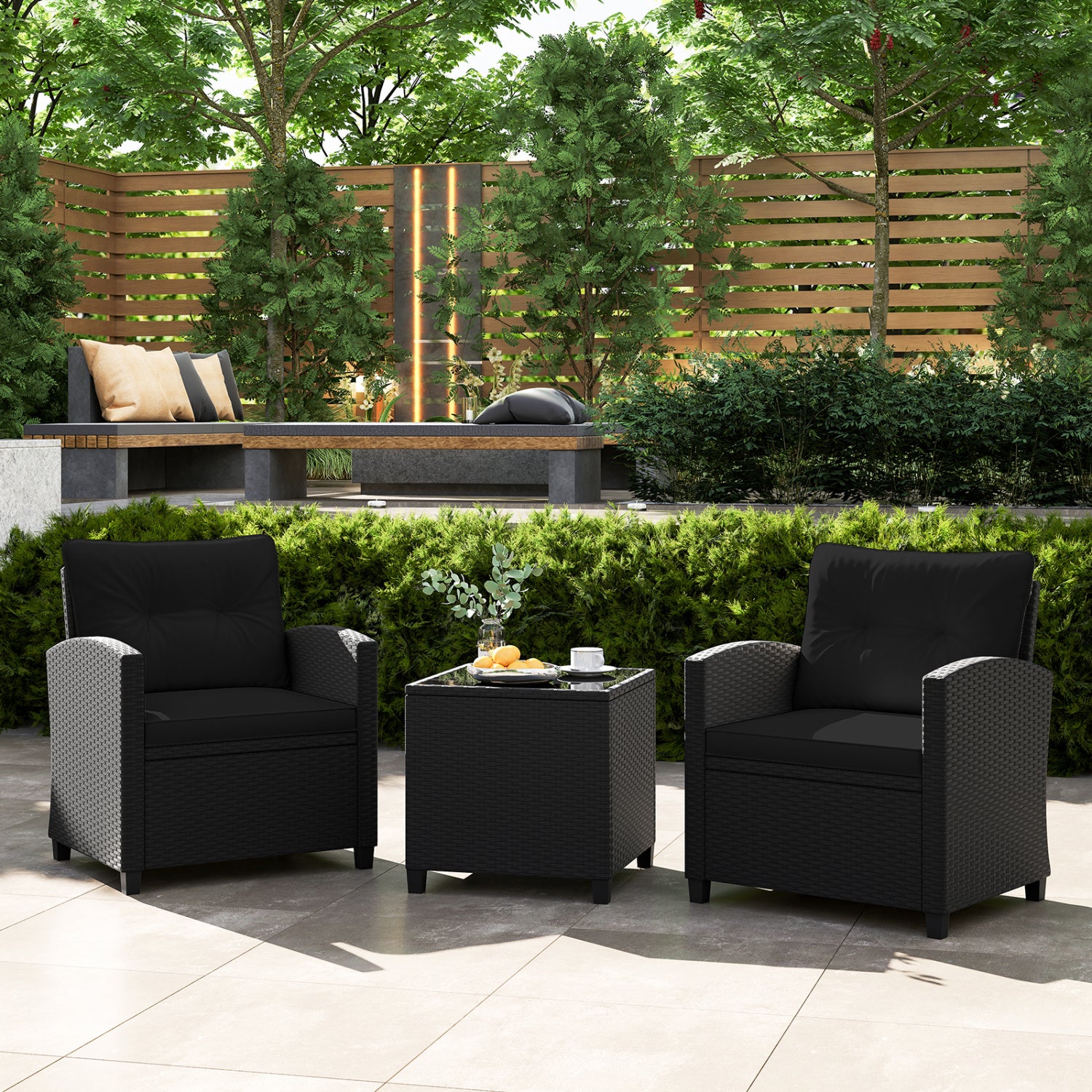 Ensemble de mobilier de patio 3 pièces avec table basse en verre trempé-Noir