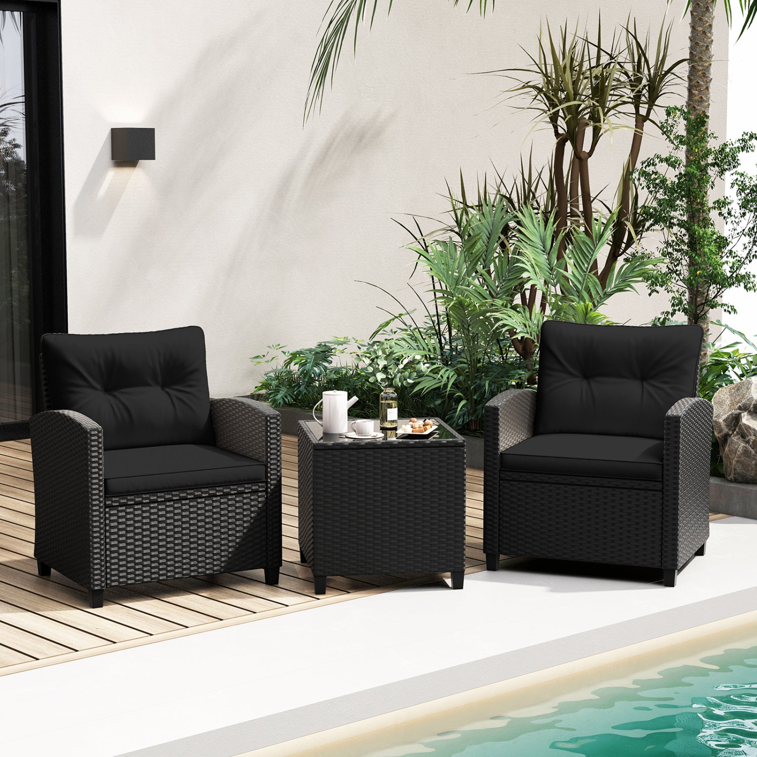 Ensemble de mobilier de patio 3 pièces avec table basse en verre trempé-Noir
