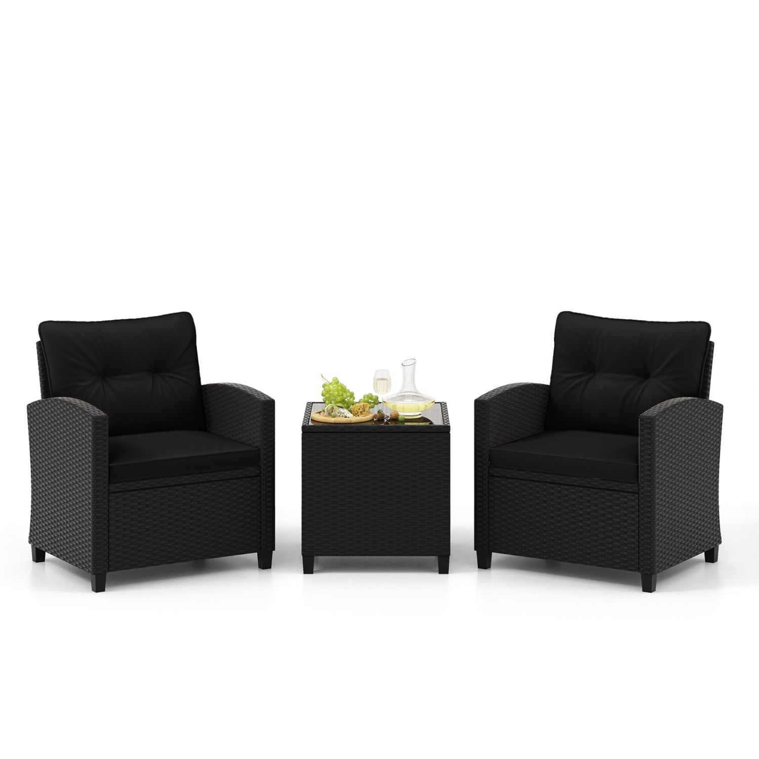 Ensemble de mobilier de patio 3 pièces avec table basse en verre trempé-Noir