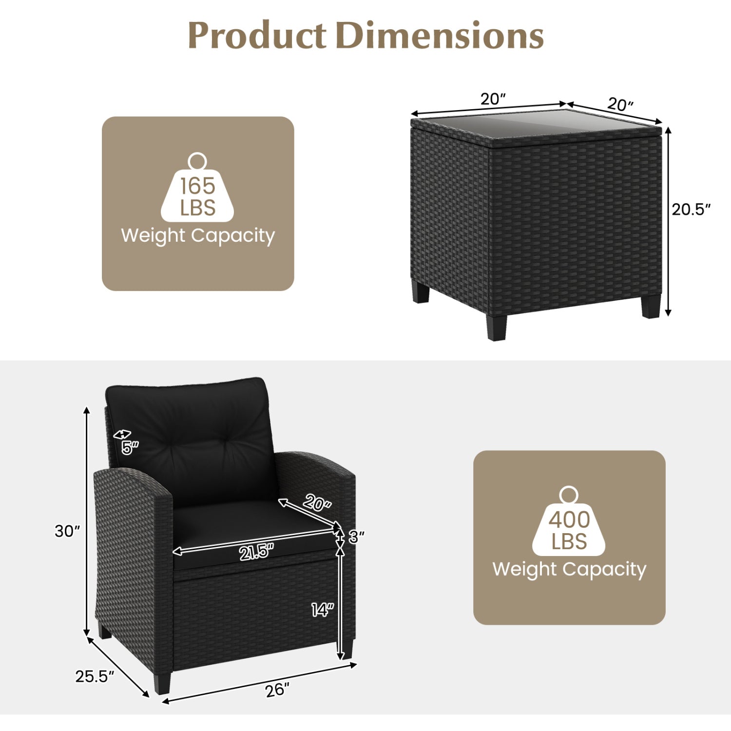 Ensemble de mobilier de patio 3 pièces avec table basse en verre trempé-Noir
