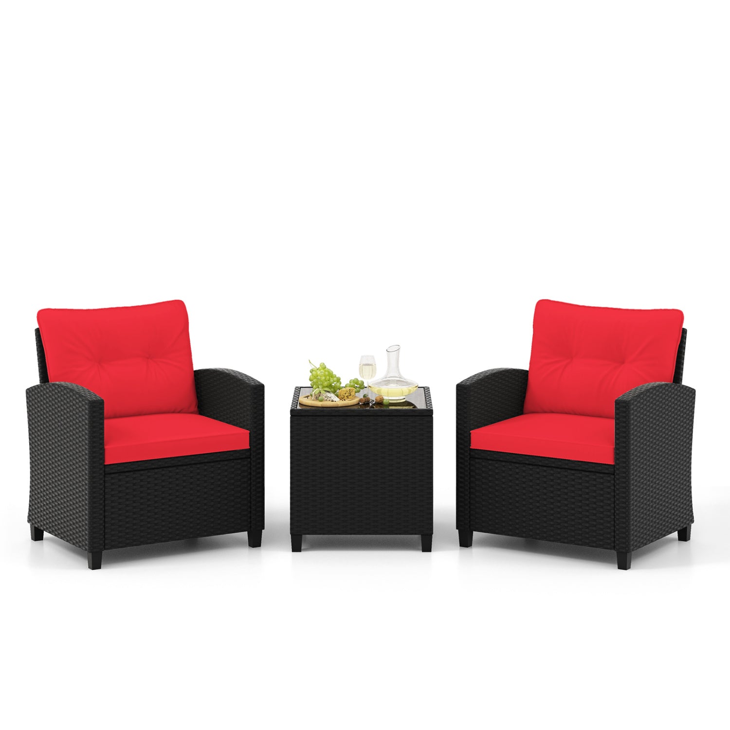 Ensemble de mobilier de patio 3 pièces avec table basse en verre trempé - Rouge