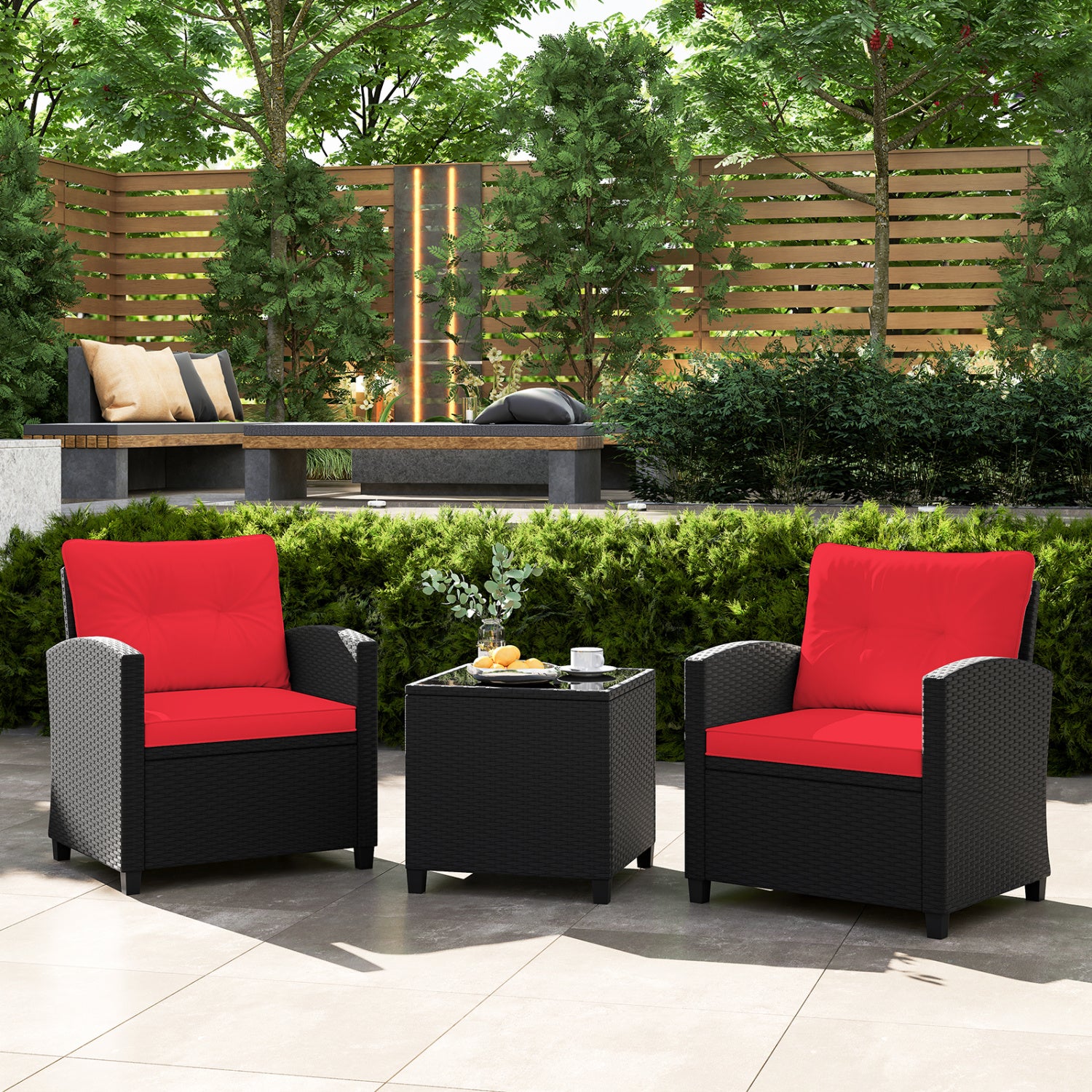 Ensemble de mobilier de patio 3 pièces avec table basse en verre trempé - Rouge
