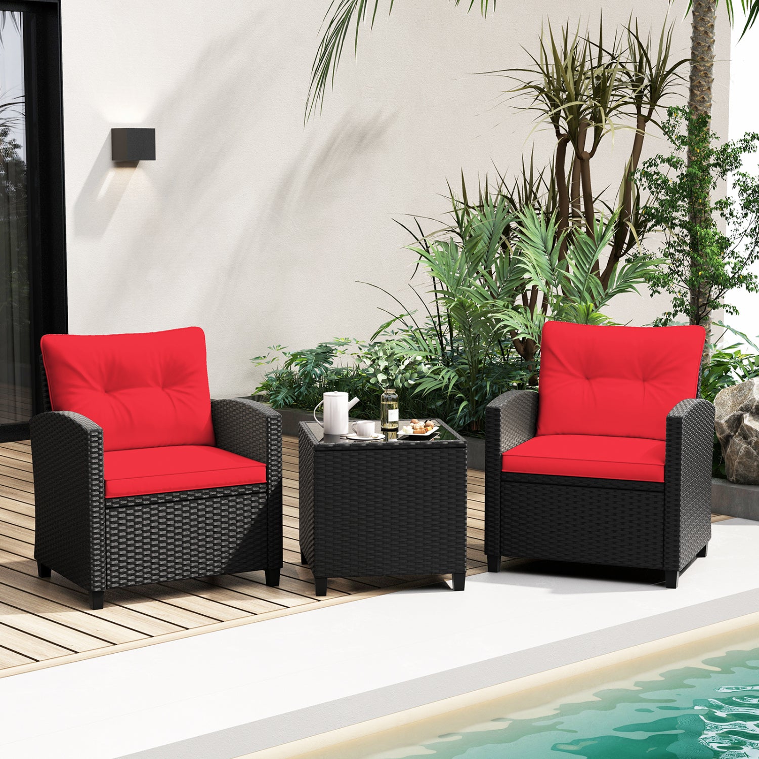 Ensemble de mobilier de patio 3 pièces avec table basse en verre trempé - Rouge
