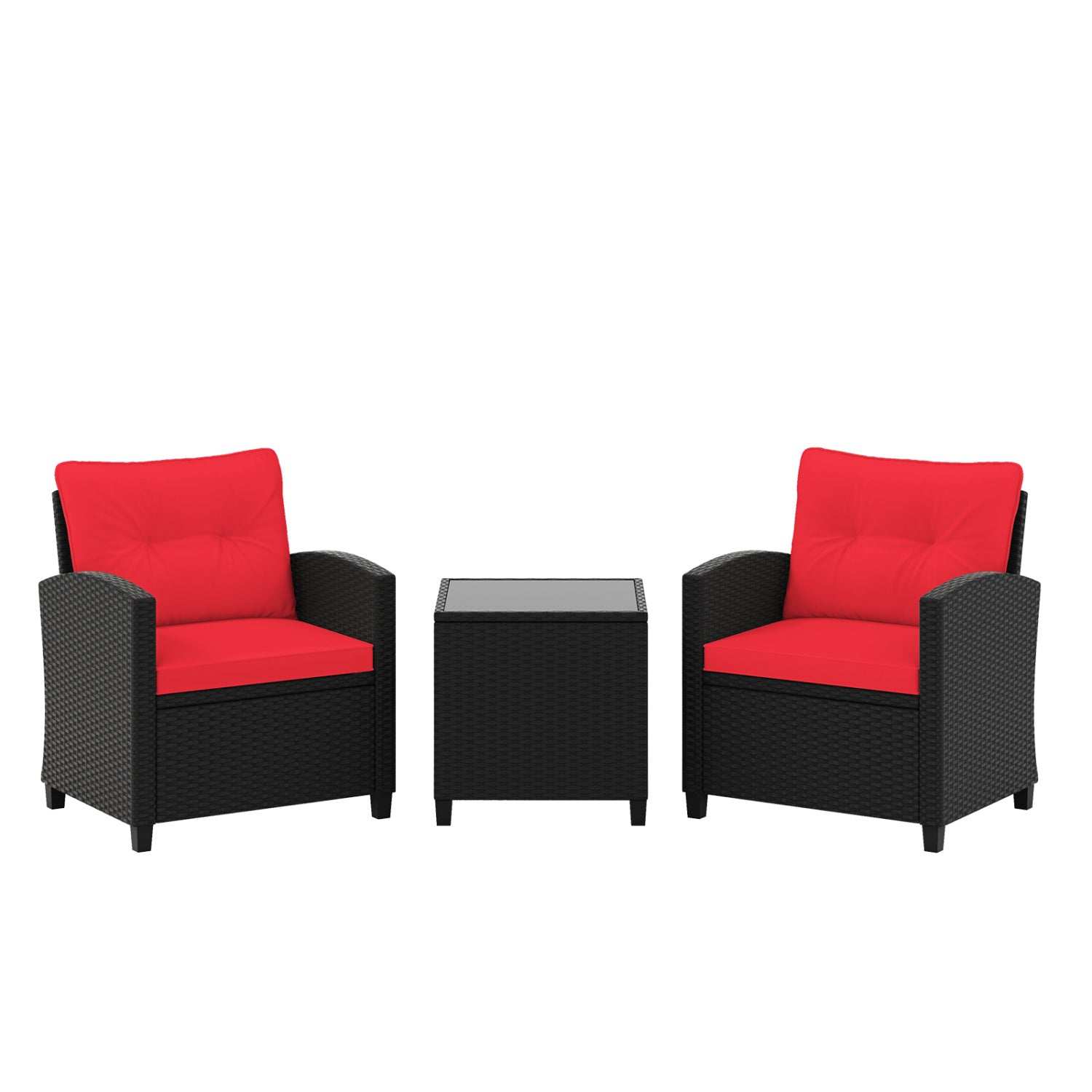 Ensemble de mobilier de patio 3 pièces avec table basse en verre trempé - Rouge