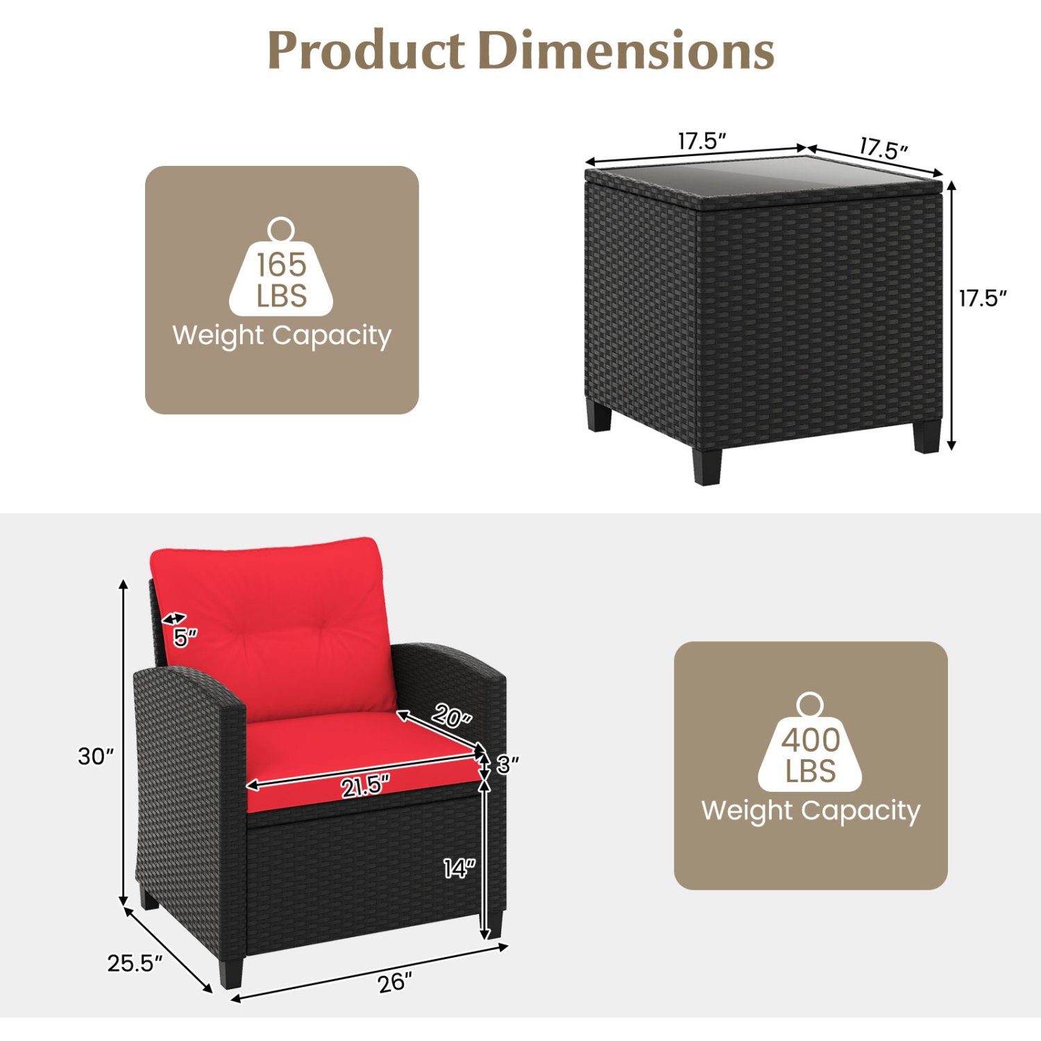 Ensemble de mobilier de patio 3 pièces avec table basse en verre trempé - Rouge