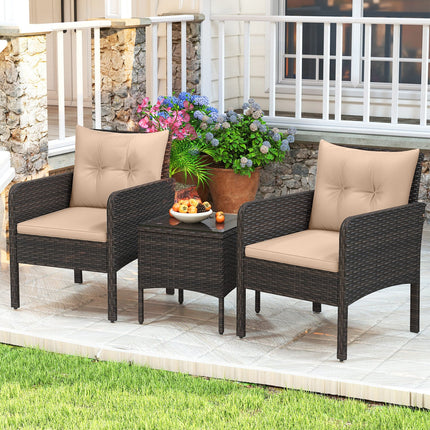 3 Pieces Patio PE Wicker Furniture Set with Cushions  for Porch and Balcony-Beige