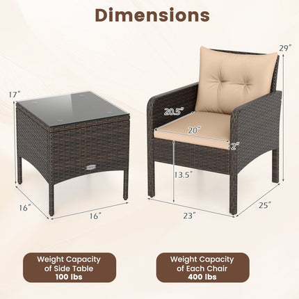 3 Pieces Patio PE Wicker Furniture Set with Cushions  for Porch and Balcony-Beige
