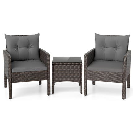 3 Pieces Patio PE Wicker Furniture Set with Cushions  for Porch and Balcony-Gray