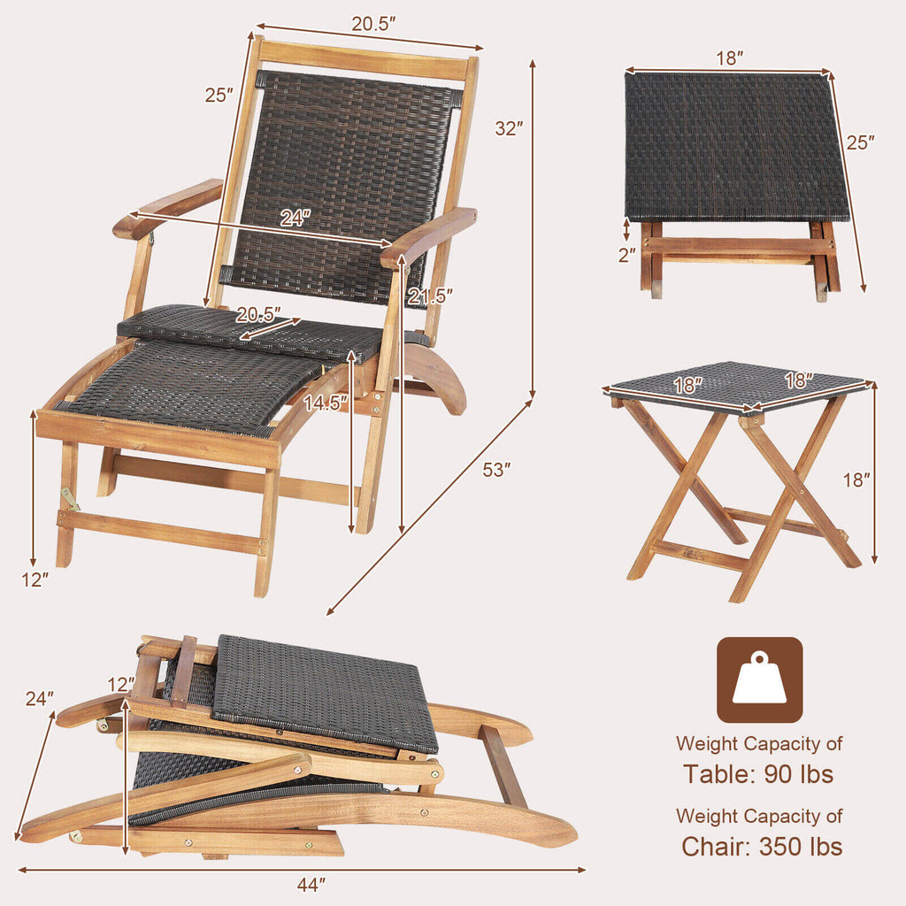 3 Pieces Patio Rattan Folding Lounge Chair Set of 2 with Acacia Wood Table