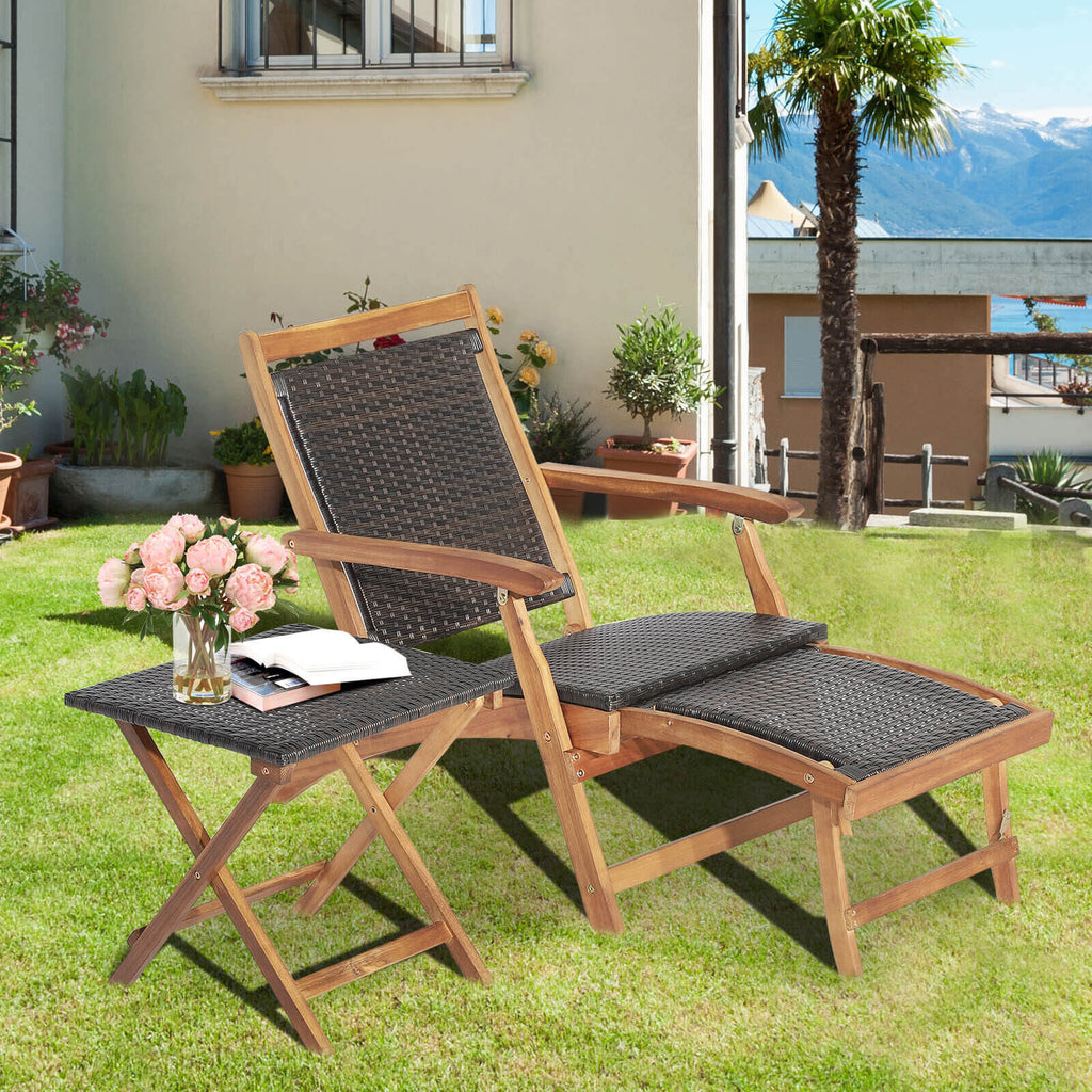 3 Pieces Patio Rattan Folding Lounge Chair Set of 2 with Acacia Wood Table