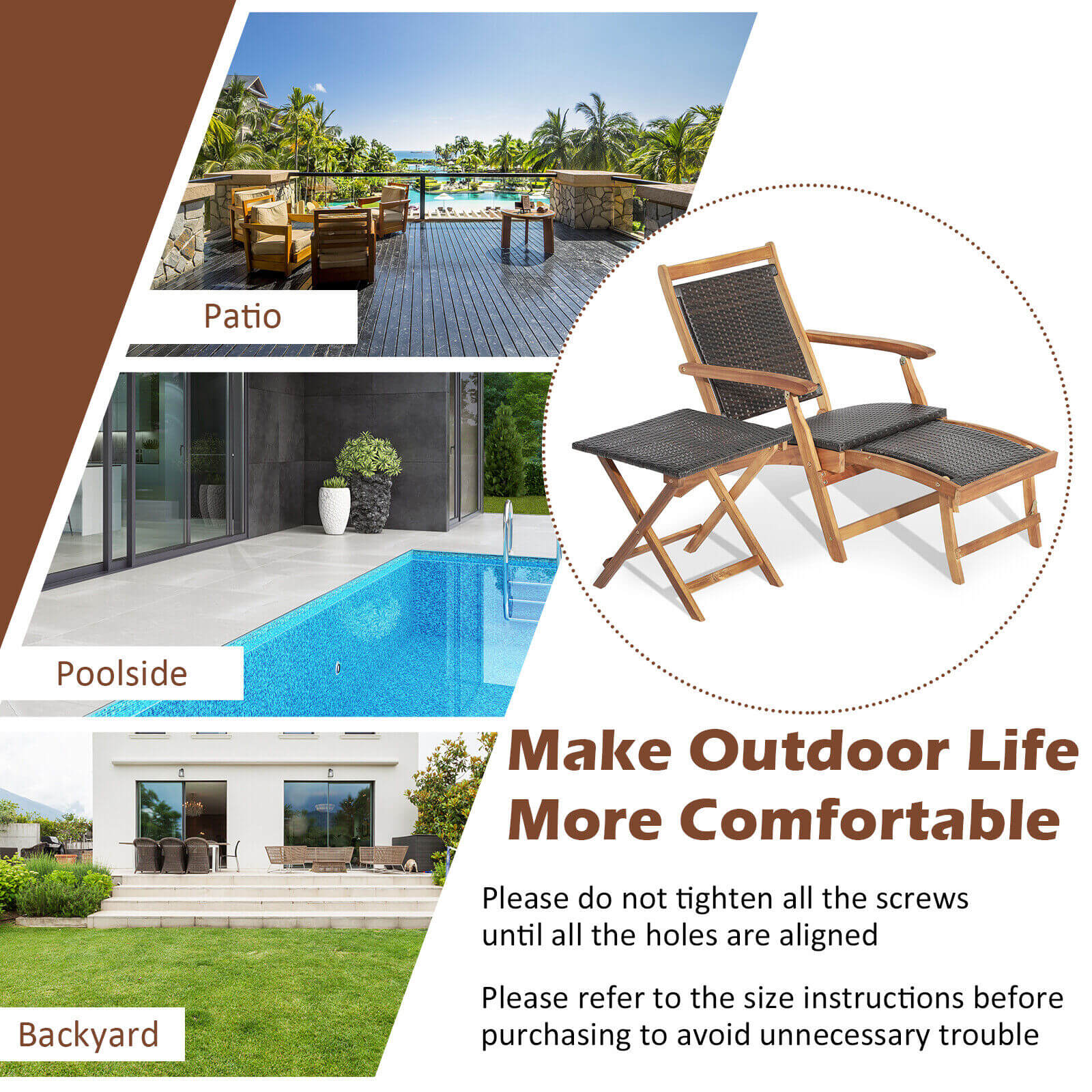 3 Pieces Patio Rattan Folding Lounge Chair Set of 2 with Acacia Wood Table