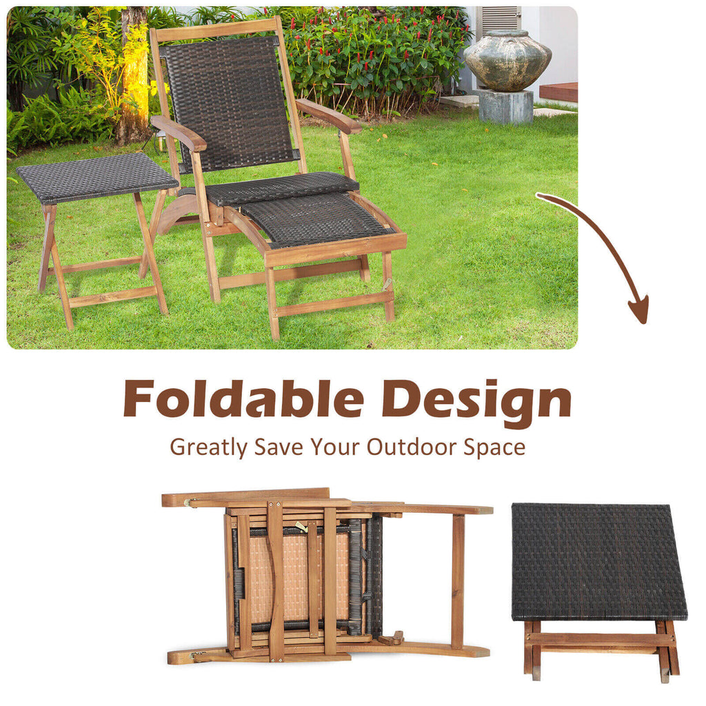3 Pieces Patio Rattan Folding Lounge Chair Set of 2 with Acacia Wood Table