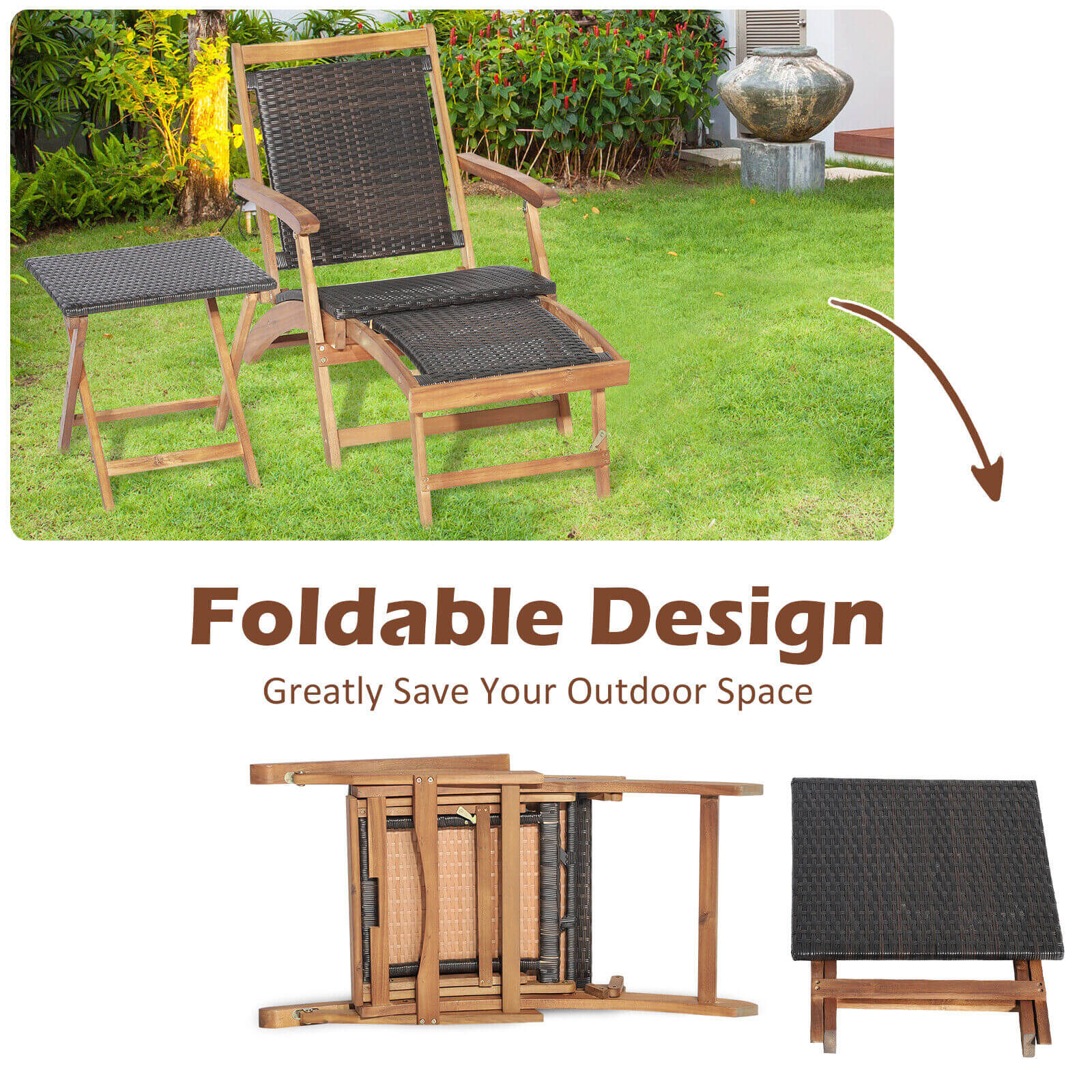 3 Pieces Patio Rattan Folding Lounge Chair Set of 2 with Acacia Wood Table