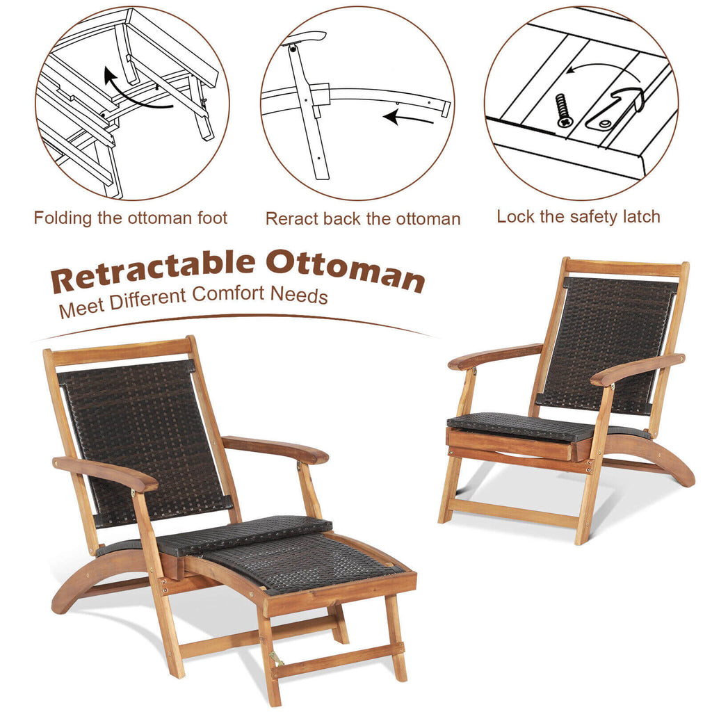 3 Pieces Patio Rattan Folding Lounge Chair Set of 2 with Acacia Wood Table
